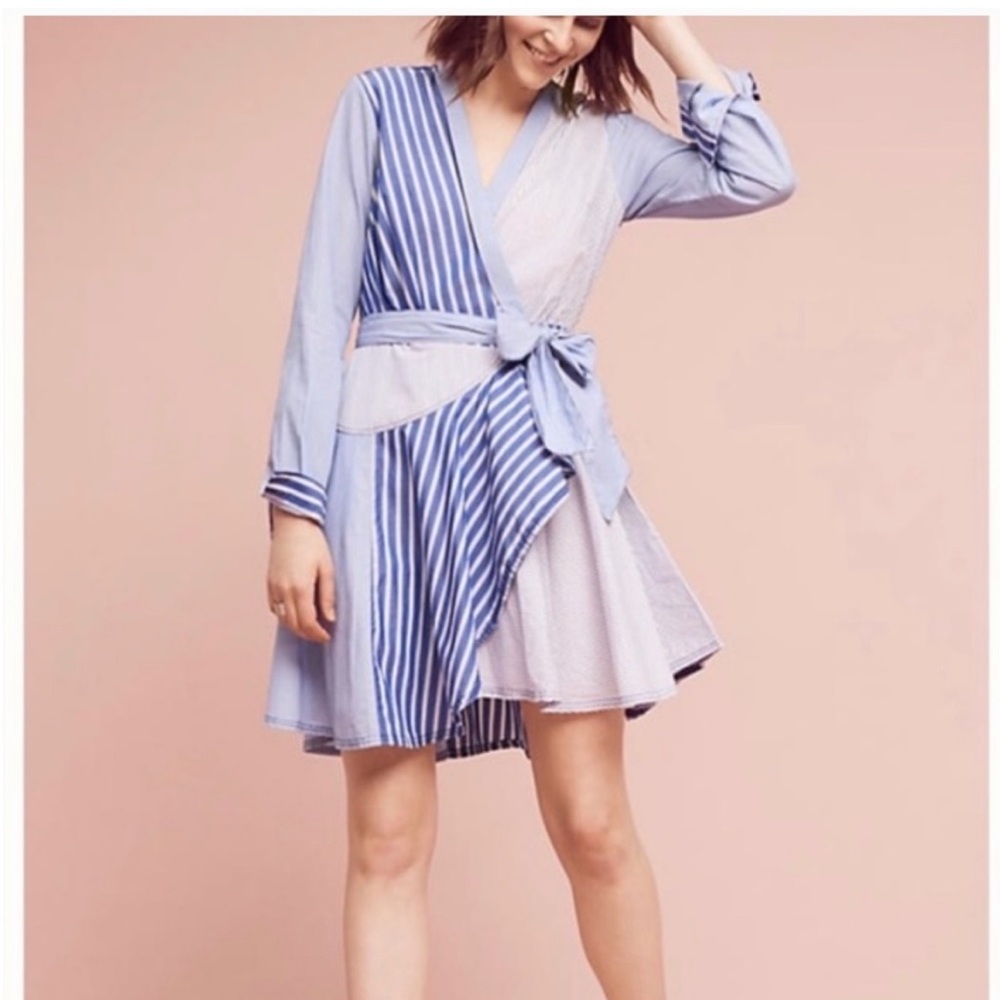 Anthropologie | Maeve Dress Newport Wrap Long Sleeve Blue White Striped Size 2